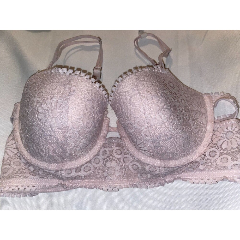 Aerie Real Power Floral Lace Strappy Balconette Bra 36C Nude pink Push up